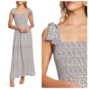 NEW CeCe S Tie Shoulder Floral Smocked Maxi Dress